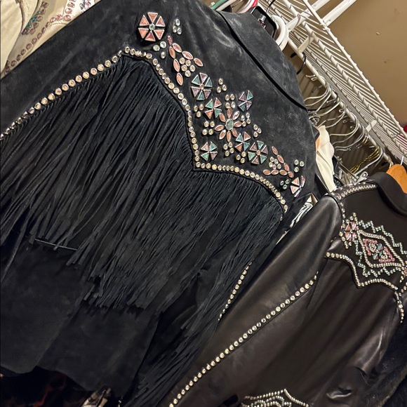 Black Suede Fringe Rhinestone Studded Leather Jacket L Excellent VTG Condition - Picture 14 of 17